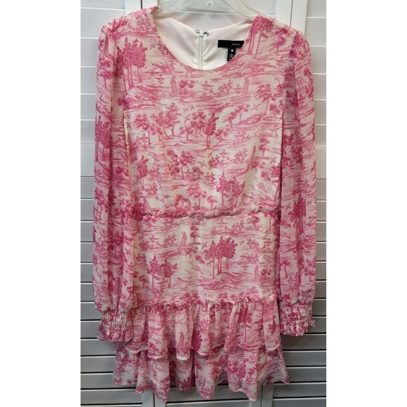 Pink & White Aqua Long Sleeve Ruffle Hem Mini Dress With Scenic Print - Picture 1 of 3